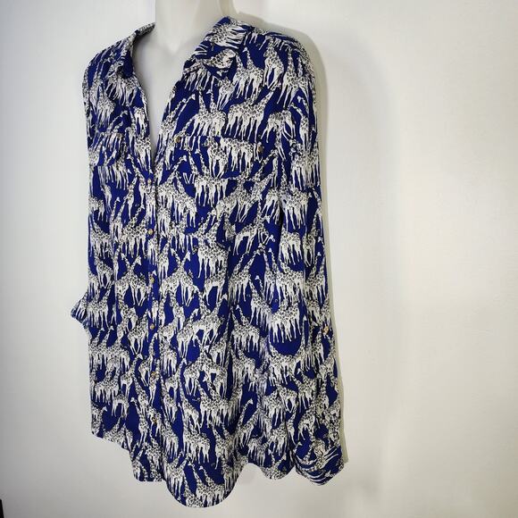 Charter Club Shirt Womens Large Giraffe Safari Print Button Blue Long Tab Sleeve - Picture 5 of 11
